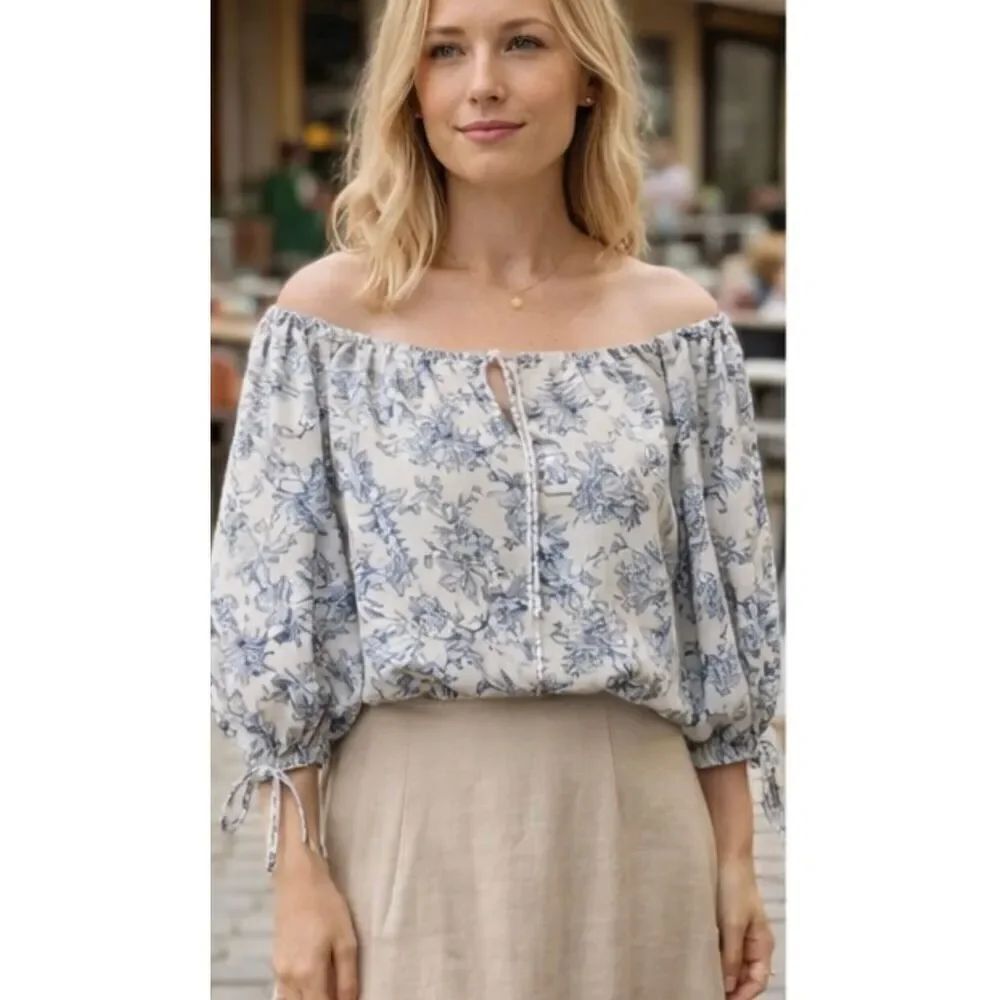 Cynthia Rowley linen cropped tie neck blouse blue toile Small